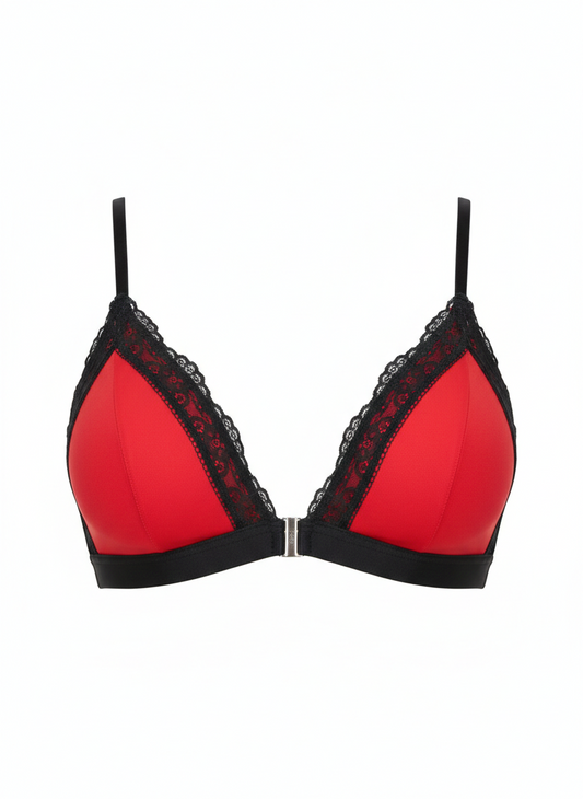 Red front-closure wireless bra with soft stretch fabric, non-padded cups, and delicate lace trim by The Seventh Muse, designed for lightweight everyday comfort.