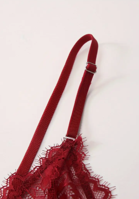 Red lace bra with adjustable straps on a white background