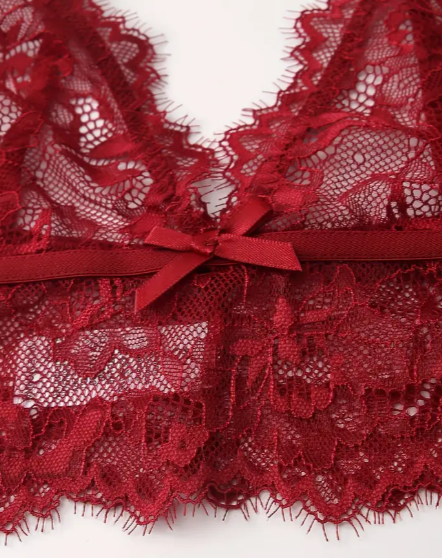Red lace bralette with a bow on a white background