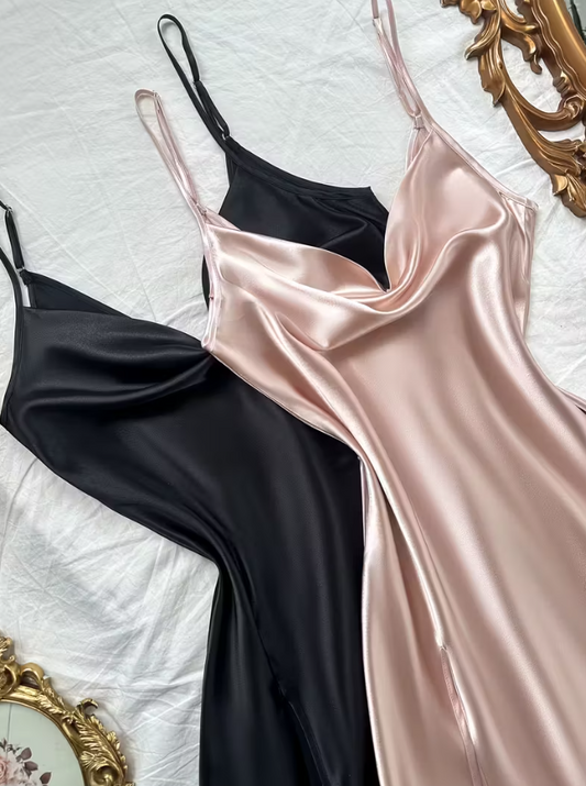 Long satin slip nightgown for women with cowl neck, silk-feel satin camisole night dress in black and champagne beige, elegant adult sleepwear by The Seventh Muse