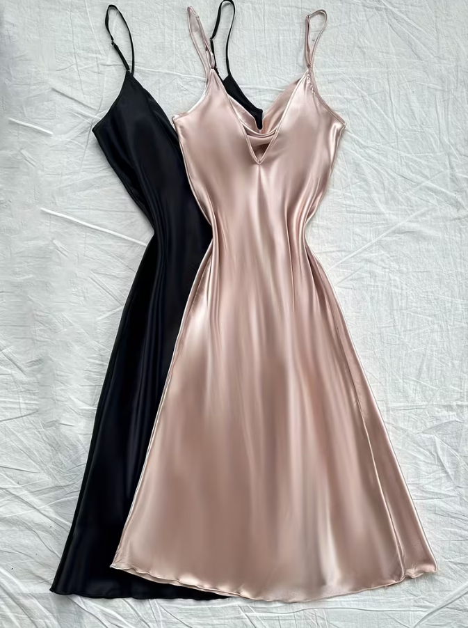 Long satin slip nightgown for women with cowl neck, silk-feel satin camisole night dress in black and champagne beige, elegant adult sleepwear by The Seventh Muse