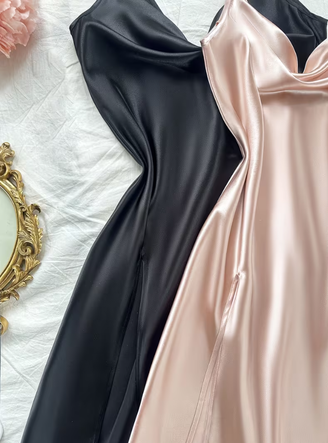 Long satin slip nightgown for women with cowl neck, silk-feel satin camisole night dress in black and champagne beige, elegant adult sleepwear by The Seventh Muse