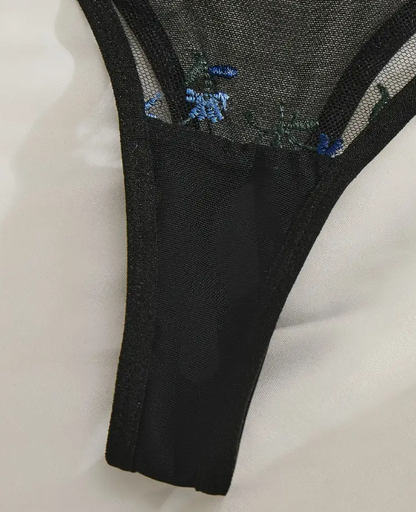 Black underwear with floral mesh detailing by The Seventh Muse