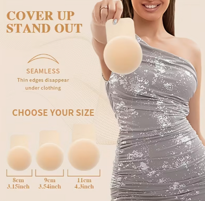 Woman holding a beige silicone cover-up with text and size measurements on a beige background