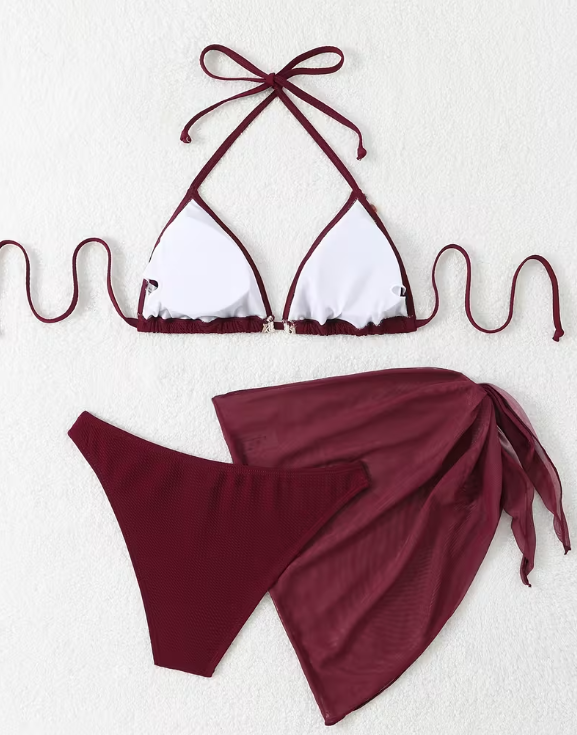 Sirena Shell Bikini Set with Sarong – Summer Triangle Bikini with Lace-Up Detail