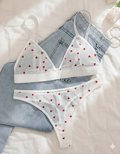 Heart Print Sheer Mesh Triangle Lingerie Set