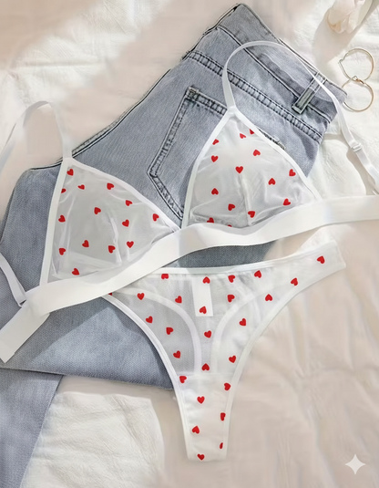 Heart Print Sheer Mesh Triangle Lingerie Set