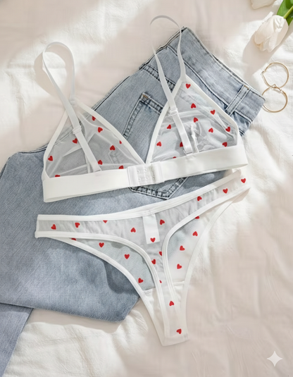 Heart Print Sheer Mesh Triangle Lingerie Set